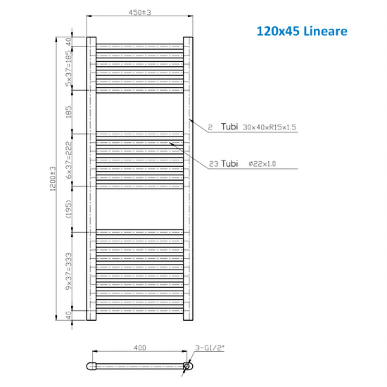 Linear or curved steel tubular radiator color white or chrome 120 cm high TEA002