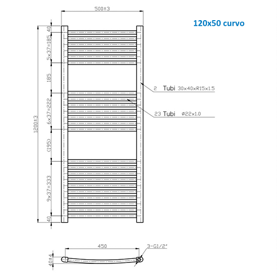 Linear or curved steel tubular radiator color white or chrome 120 cm high TEA002