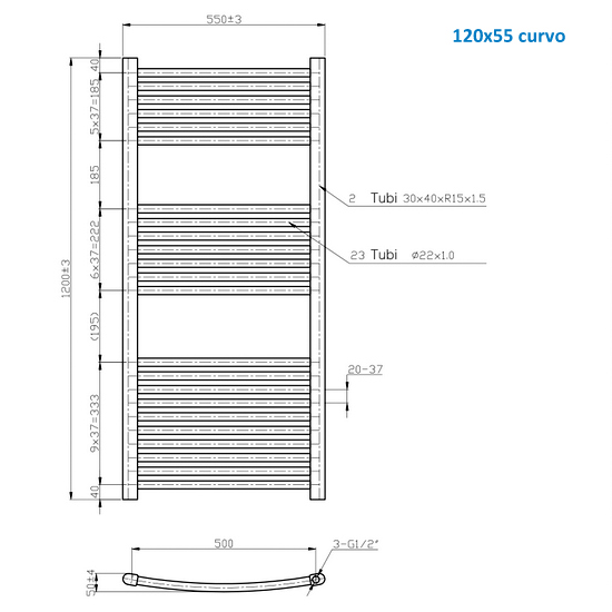 Linear or curved steel tubular radiator color white or chrome 120 cm high TEA002