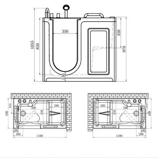 Vasca con porta dimensioni 110x63 cm versione destra o sinistra rubinetteria inclusa VA110