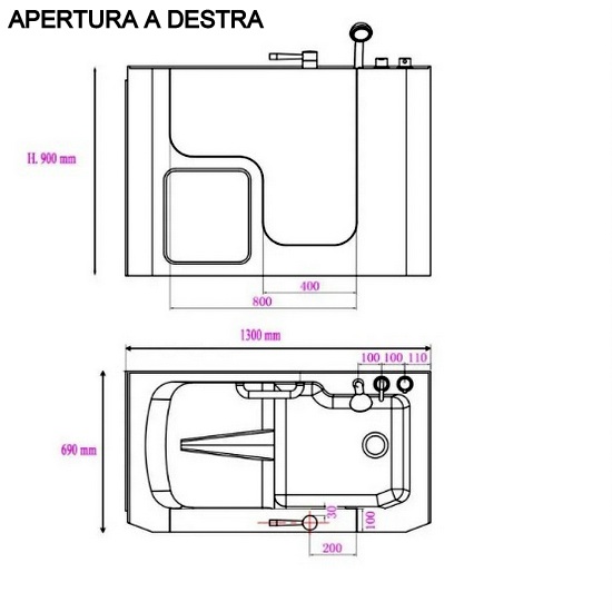 Vasca con porta dimensioni 130x69 cm versione destra o sinistra VA109