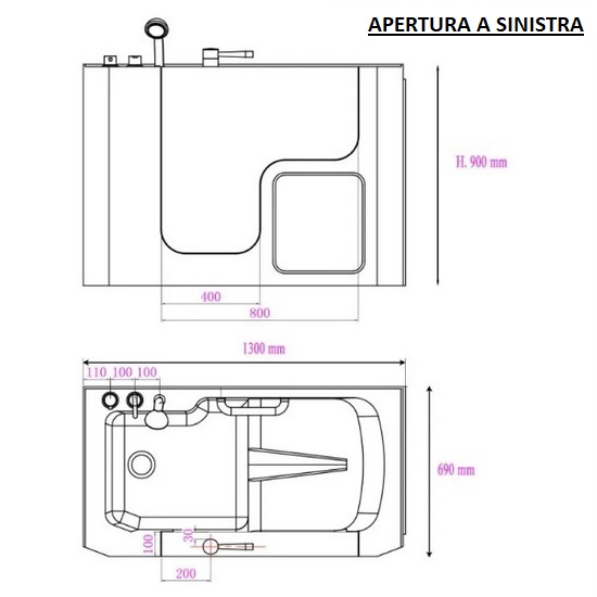 Vasca con porta dimensioni 130x69 cm versione destra o sinistra VA109