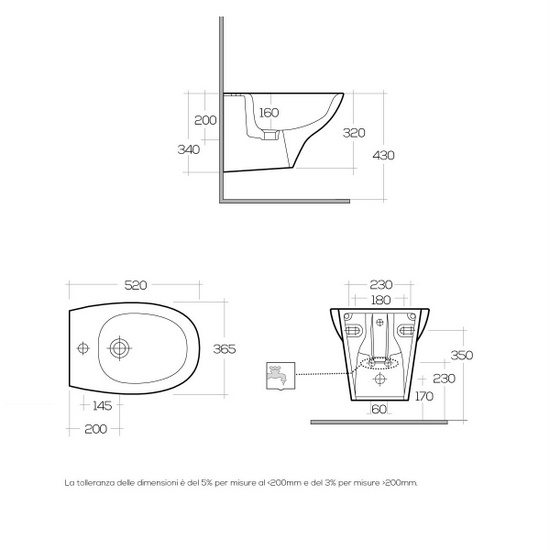 Bidet e water senza brida e con copriwc soft close sanitari moderni sospesi modello Madrid